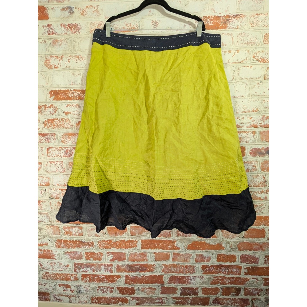 Lino USA Linen A-Line Midi Skirt Womens 3X Green Navy Color Block Stitch Detail‎